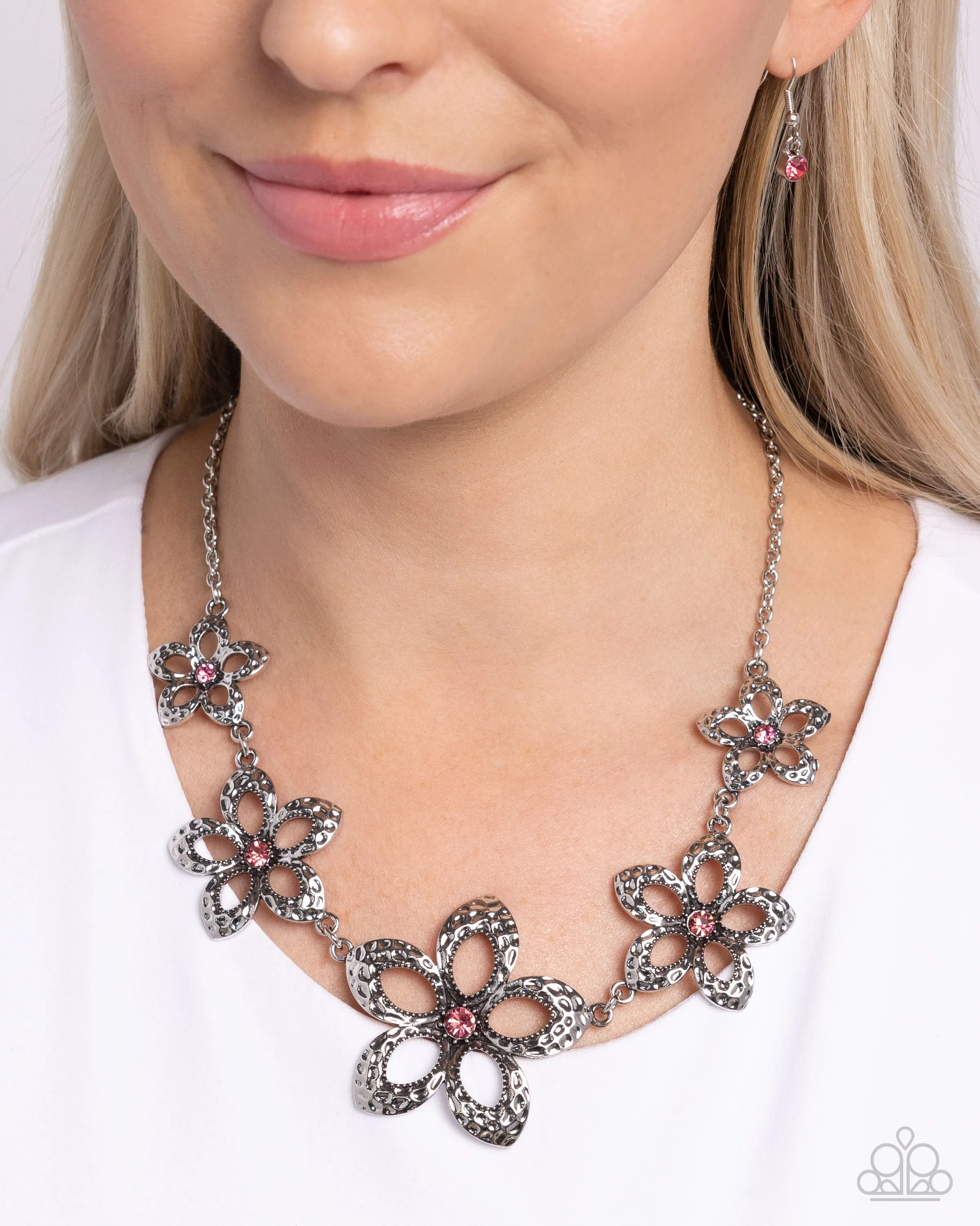 Faithful Florals - Pink - Rhinestone Center Antiqued Silver Flower Paparazzi Short Necklace
