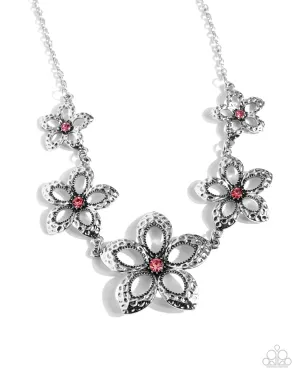 Faithful Florals - Pink - Rhinestone Center Antiqued Silver Flower Paparazzi Short Necklace