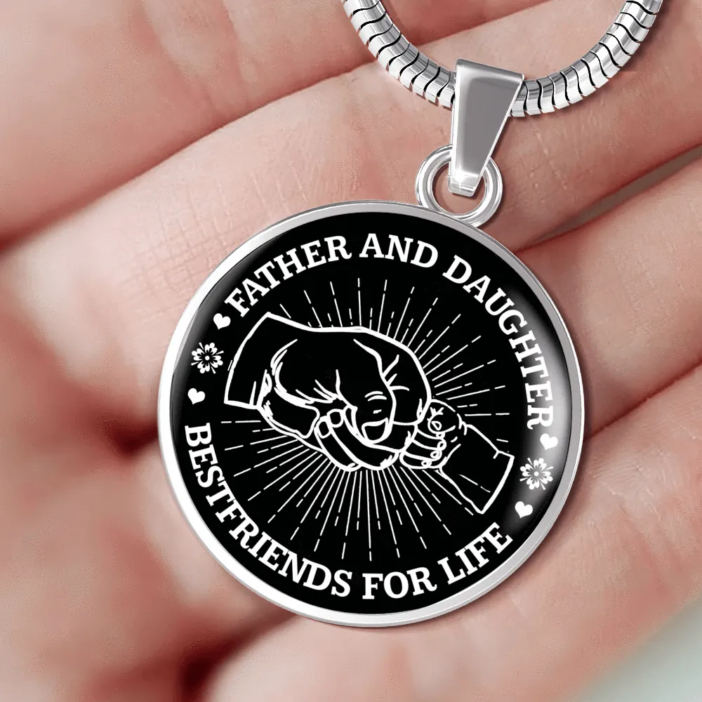 FATHER DAUGHTER FIST BUMP BEST FRIENDS - (BLACK & WHITE) SILVER FINISHED CIRCLE NECKLACE