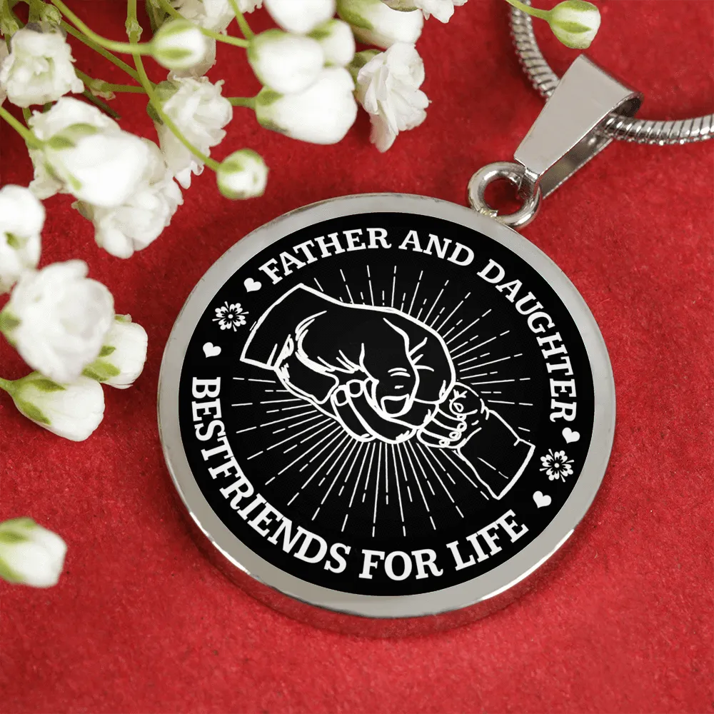FATHER DAUGHTER FIST BUMP BEST FRIENDS - (BLACK & WHITE) SILVER FINISHED CIRCLE NECKLACE
