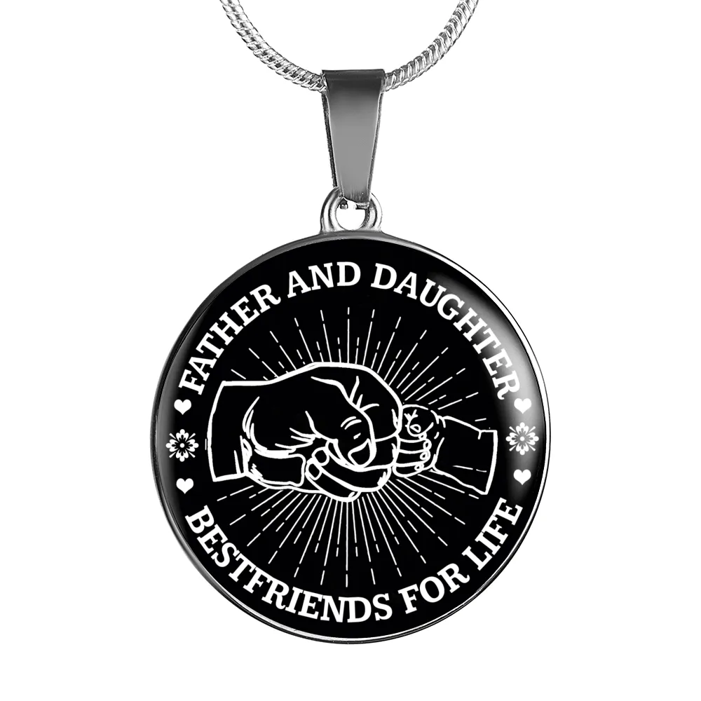 FATHER DAUGHTER FIST BUMP BEST FRIENDS - (BLACK & WHITE) SILVER FINISHED CIRCLE NECKLACE
