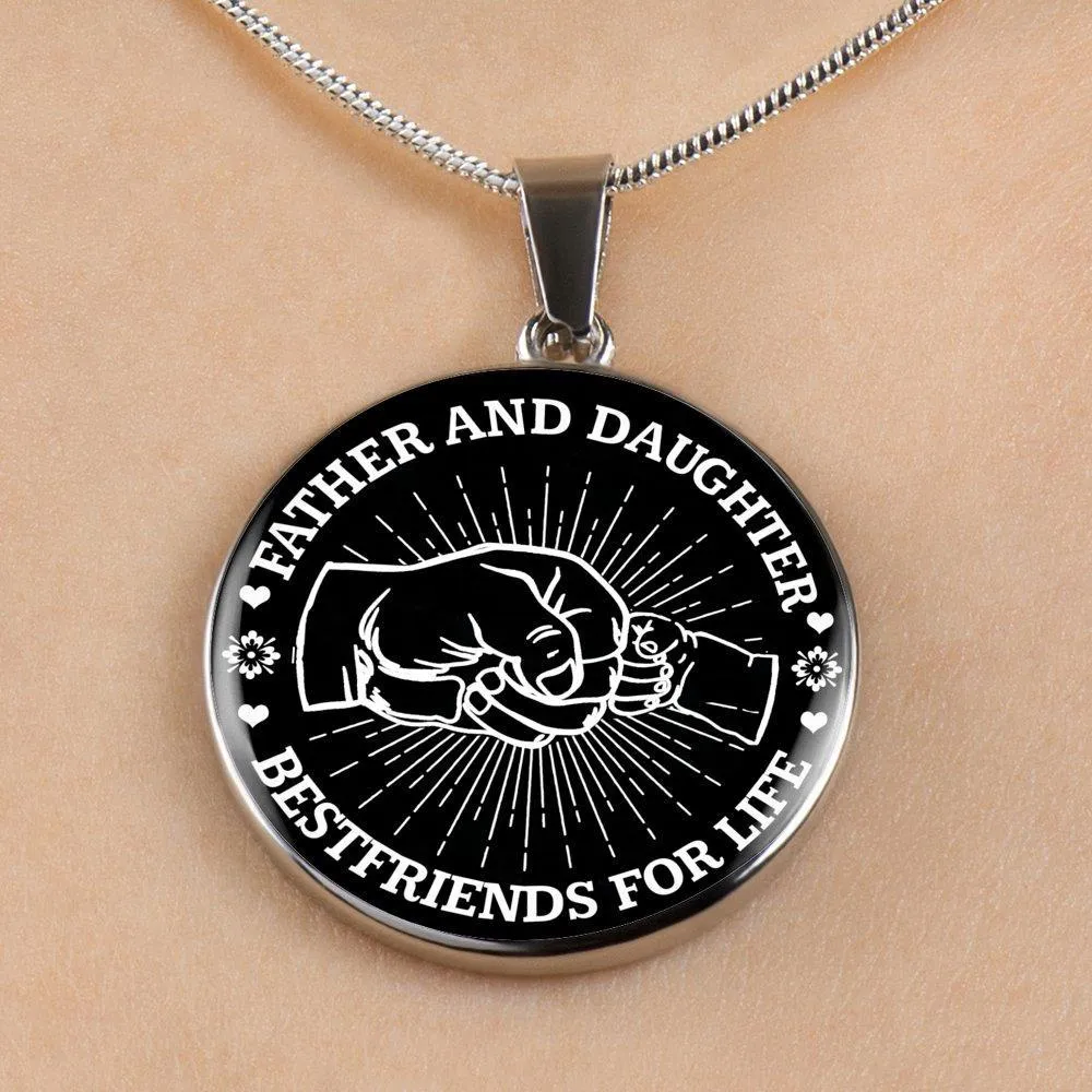 FATHER DAUGHTER FIST BUMP BEST FRIENDS - (BLACK & WHITE) SILVER FINISHED CIRCLE NECKLACE