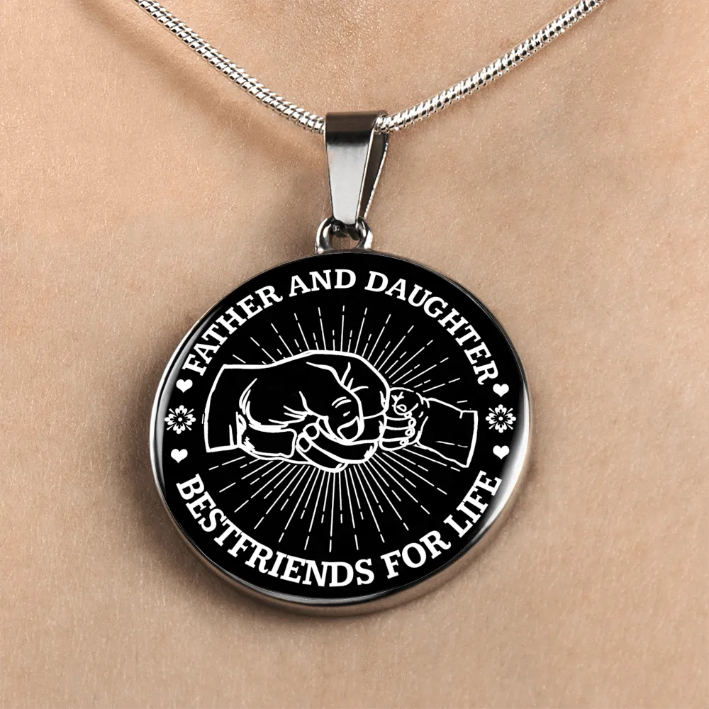 FATHER DAUGHTER FIST BUMP BEST FRIENDS - (BLACK & WHITE) SILVER FINISHED CIRCLE NECKLACE