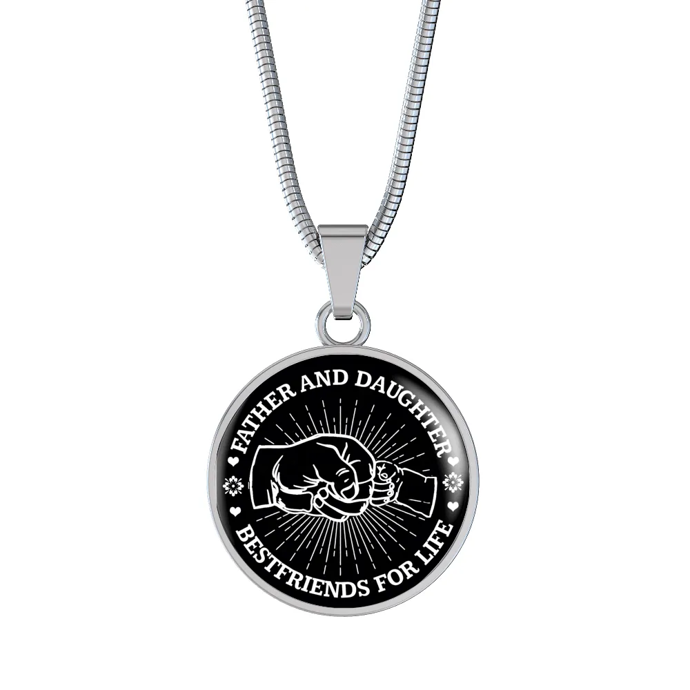FATHER DAUGHTER FIST BUMP BEST FRIENDS - (BLACK & WHITE) SILVER FINISHED CIRCLE NECKLACE