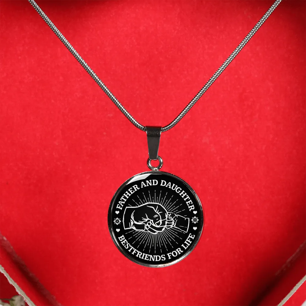 FATHER DAUGHTER FIST BUMP BEST FRIENDS - (BLACK & WHITE) SILVER FINISHED CIRCLE NECKLACE