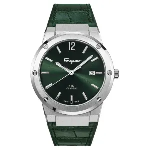 Ferragamo F-80 Classic Green Leather Strap Green Dial Quartz Watch For Gents - Sfdt00119