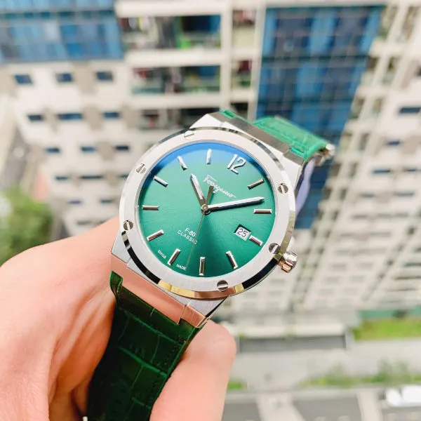 Ferragamo F-80 Classic Green Leather Strap Green Dial Quartz Watch For Gents - Sfdt00119