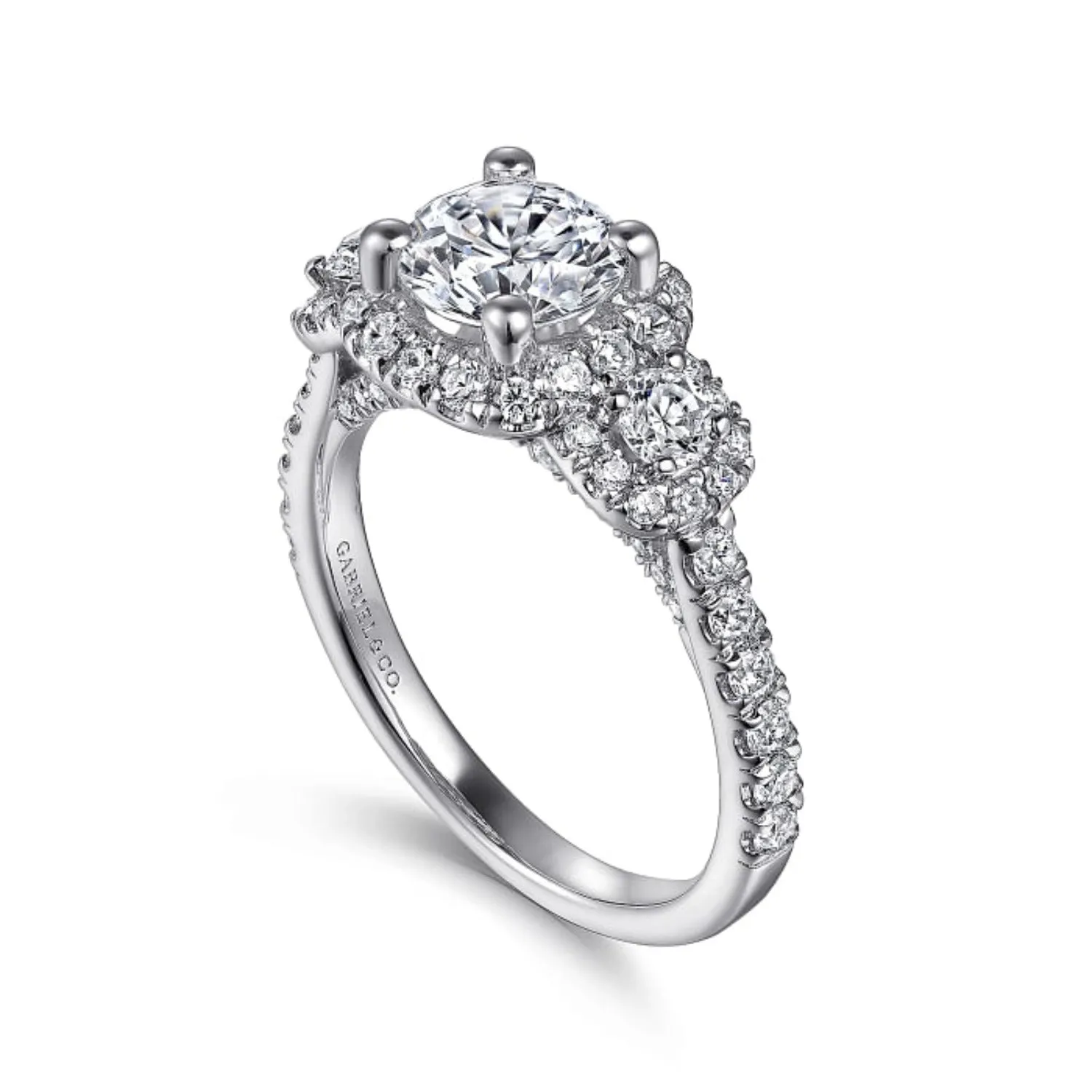 Gabriel & Co. "Lavender" Three Diamond Halo Engagement Ring
