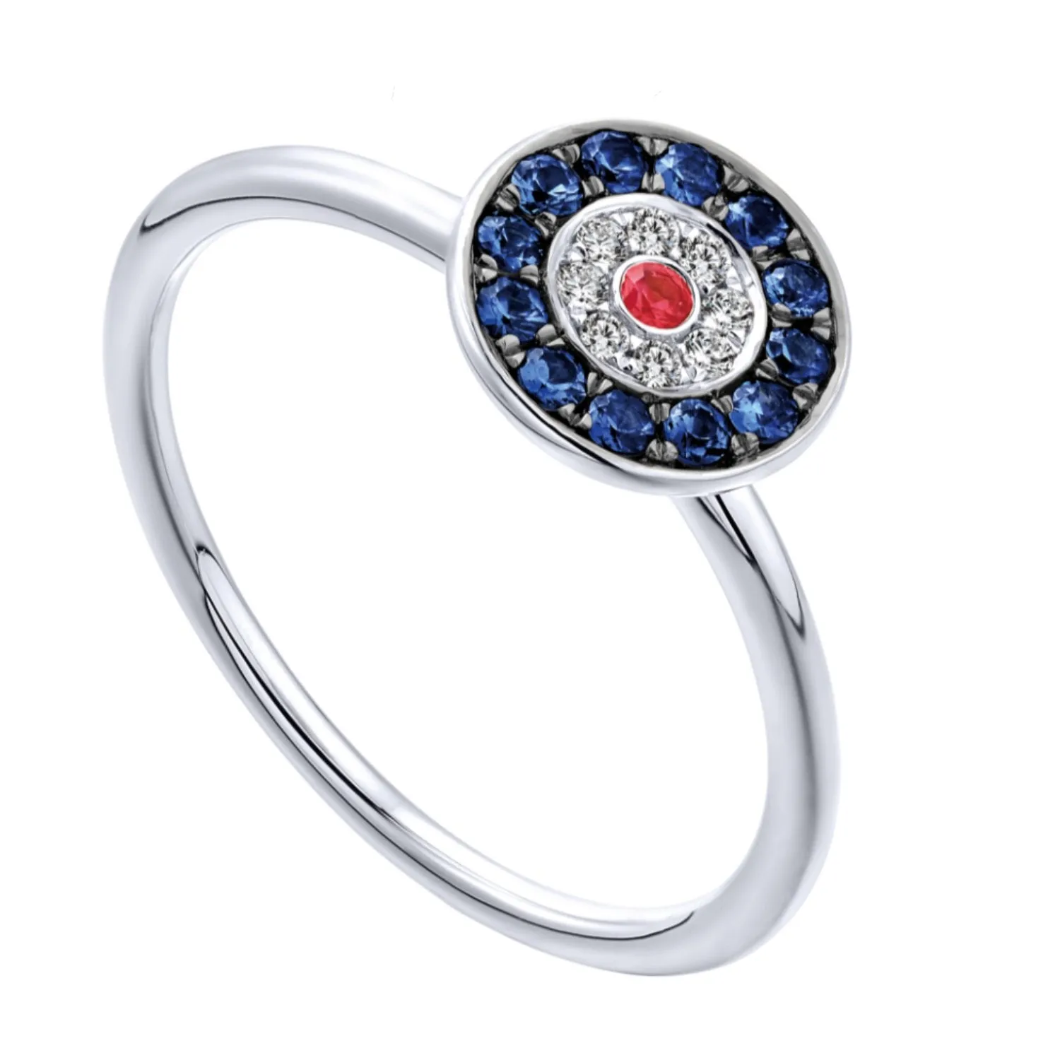 Gabriel & Co. Round "Evil Eye" Diamond, Sapphire, and Ruby Ring