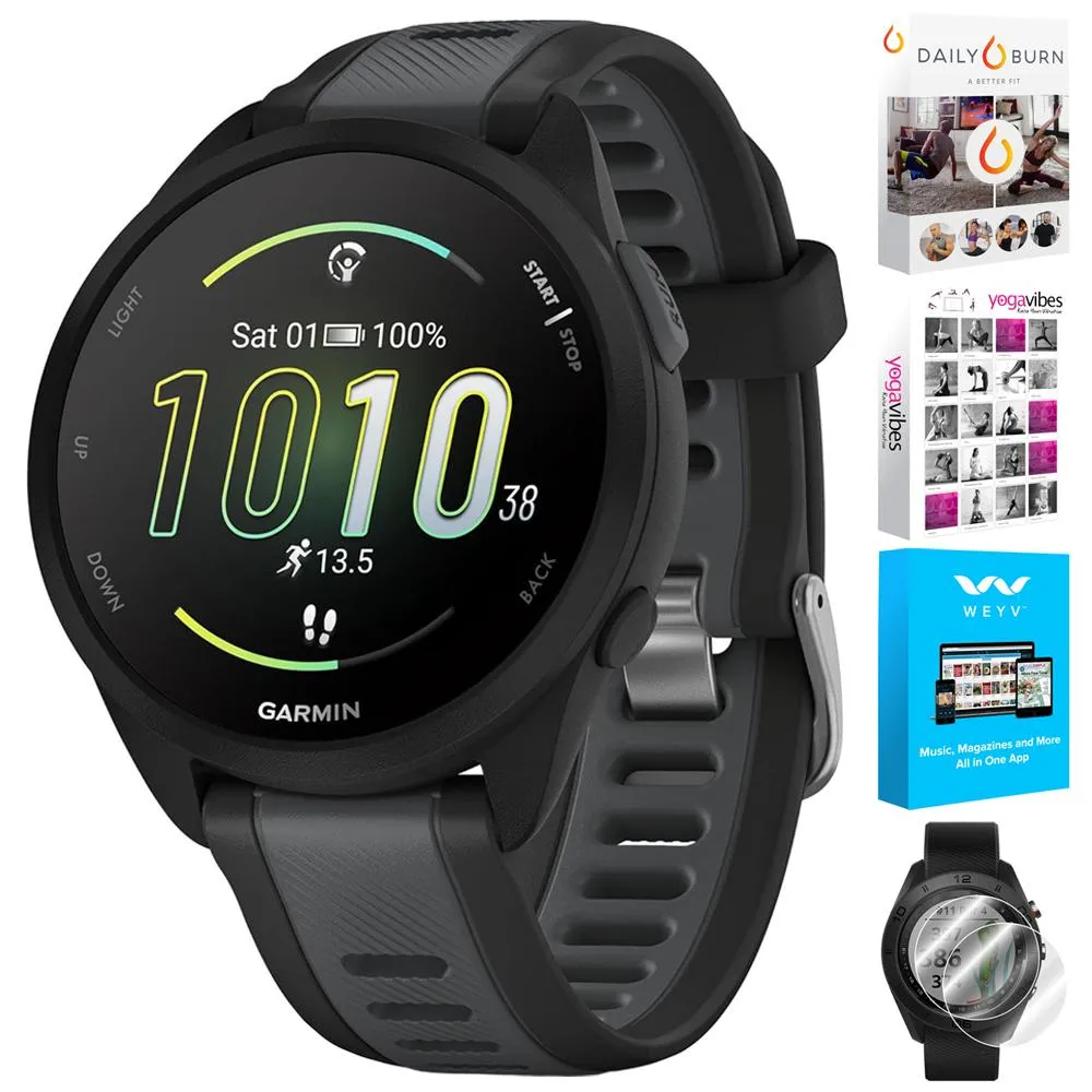 Garmin Forerunner 165 Music Smart Sport Watch, Black   Slate Gray w/ Fitness Bundle