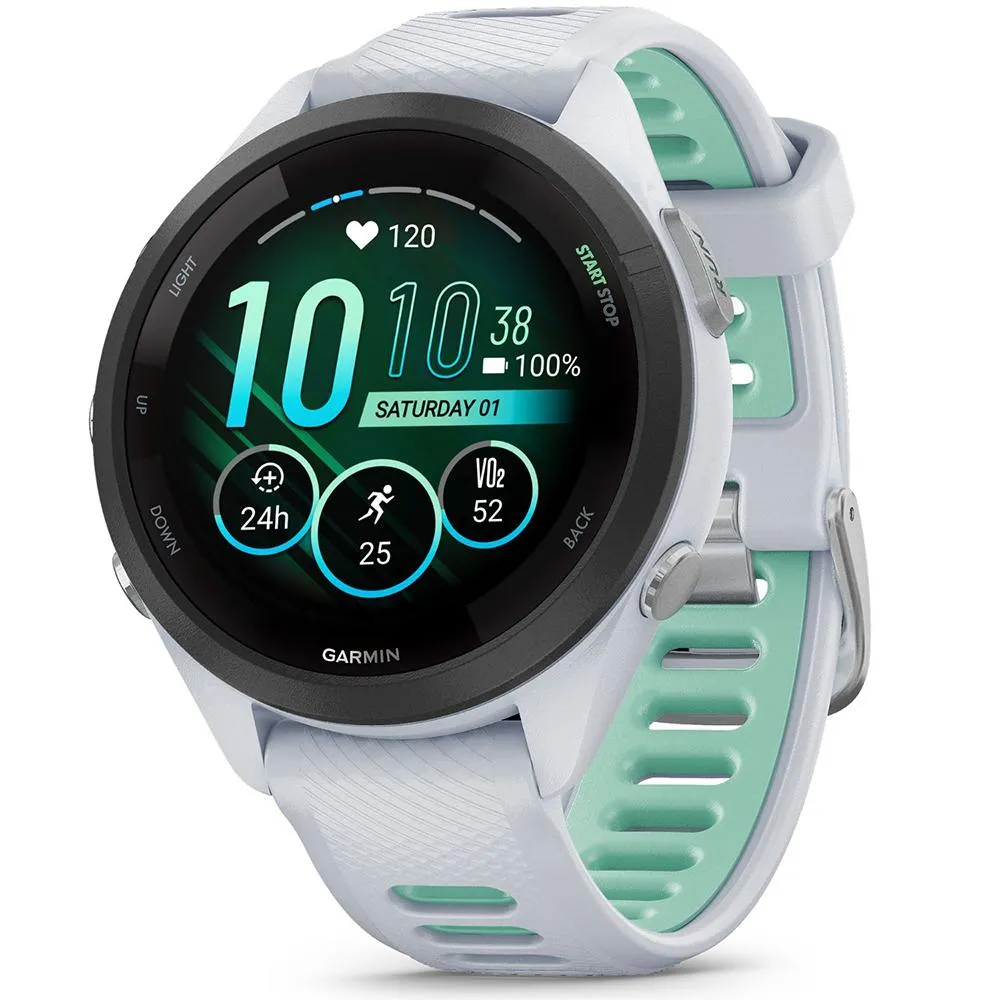 Garmin Forerunner 265S GPS Smartwatch Whitestone/Neo with Charging Dock Bundle