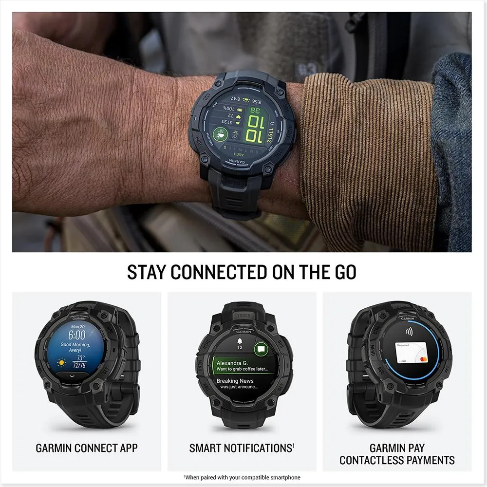 Garmin Instinct 3 - 45 mm GPS Smartwatch AMOLED Black   2 Year Warranty Bundle
