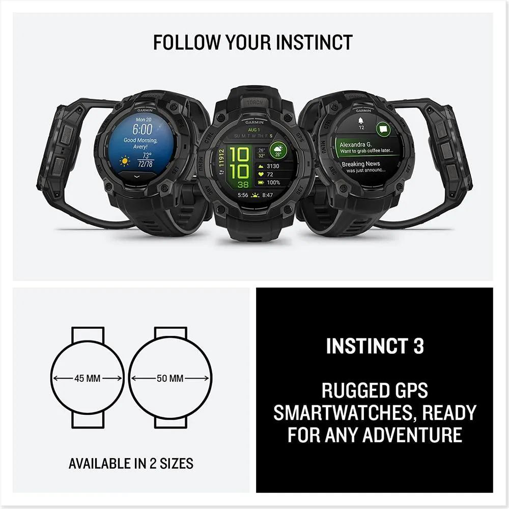 Garmin Instinct 3 - 45 mm GPS Smartwatch AMOLED Black   2 Year Warranty Bundle