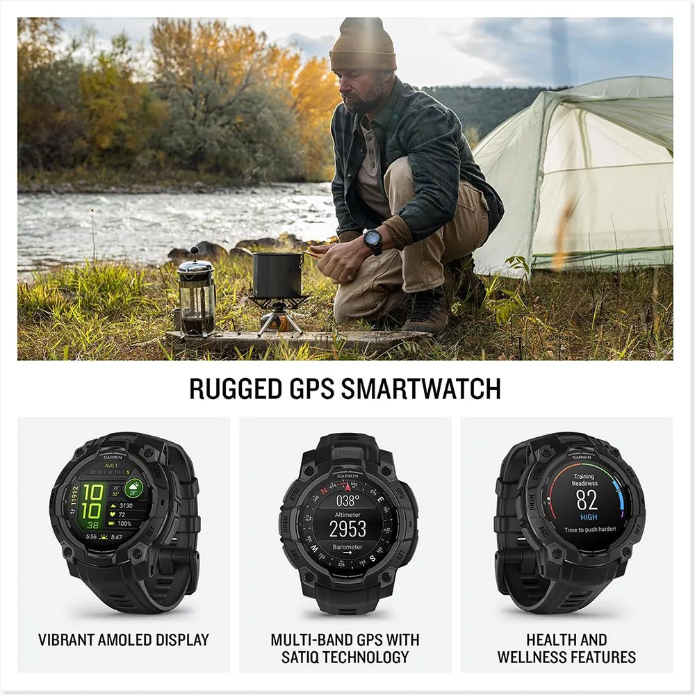 Garmin Instinct 3 - 45 mm GPS Smartwatch AMOLED Black   2 Year Warranty Bundle