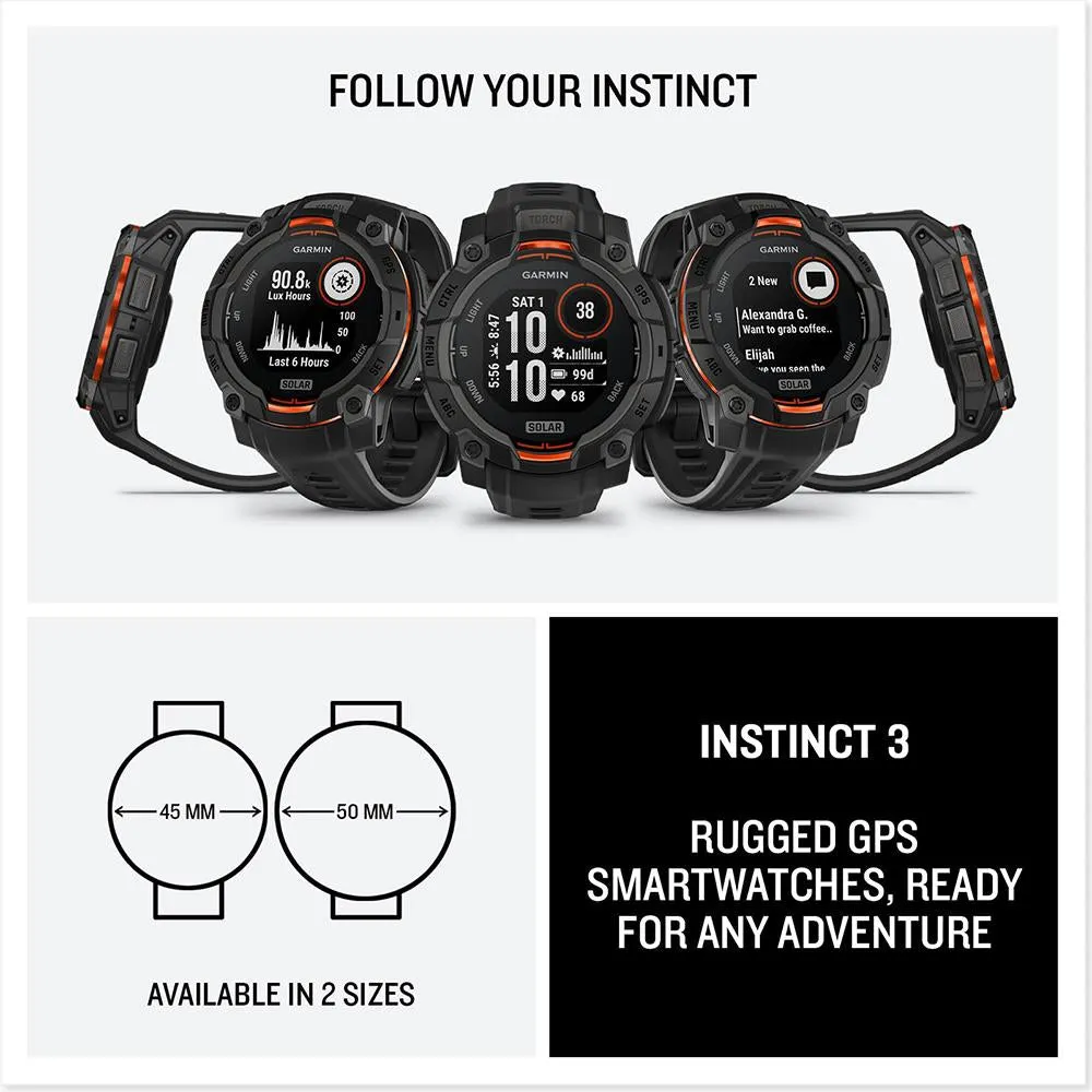 Garmin Instinct 3 - 45 mm GPS Smartwatch SOLAR Black with 2 Year Warranty Bundle