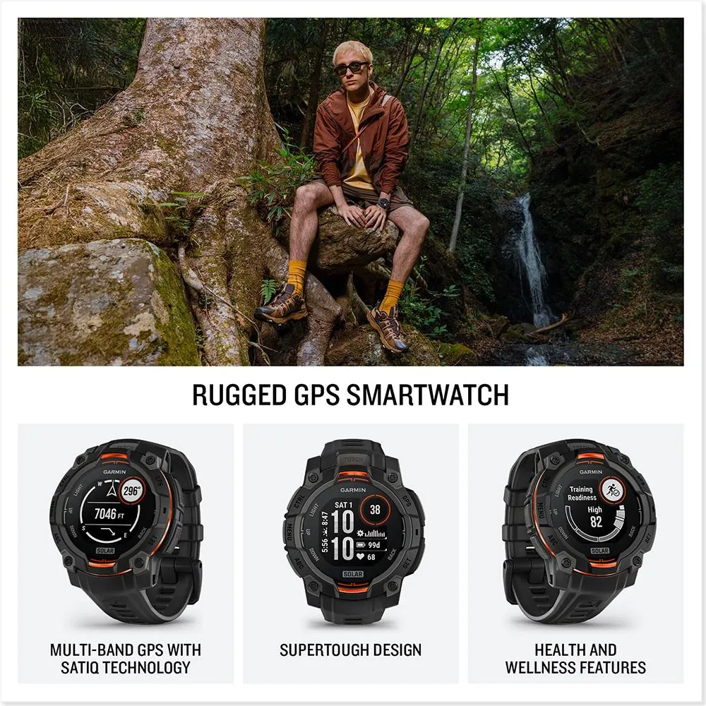Garmin Instinct 3 - 45 mm GPS Smartwatch SOLAR Black with 2 Year Warranty Bundle