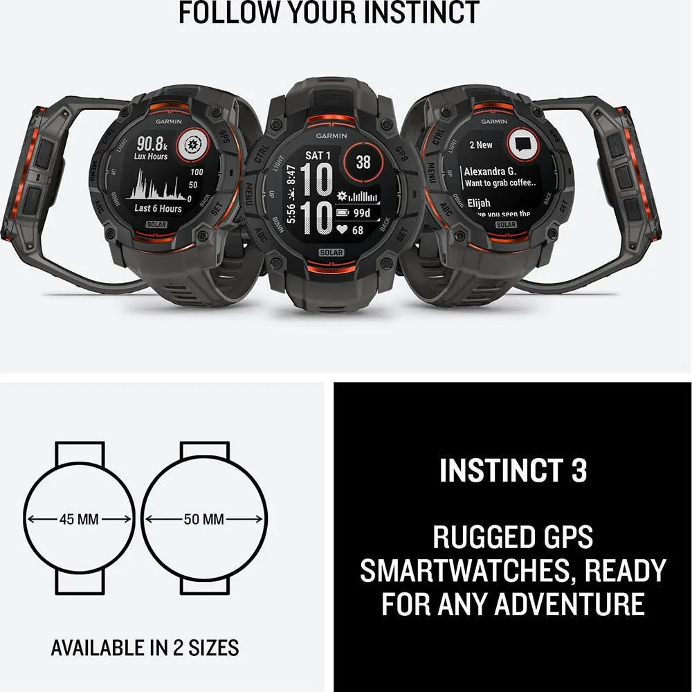 Garmin Instinct 3 - 50 mm GPS Smartwatch SOLAR Black with 2 Year Warranty Bundle