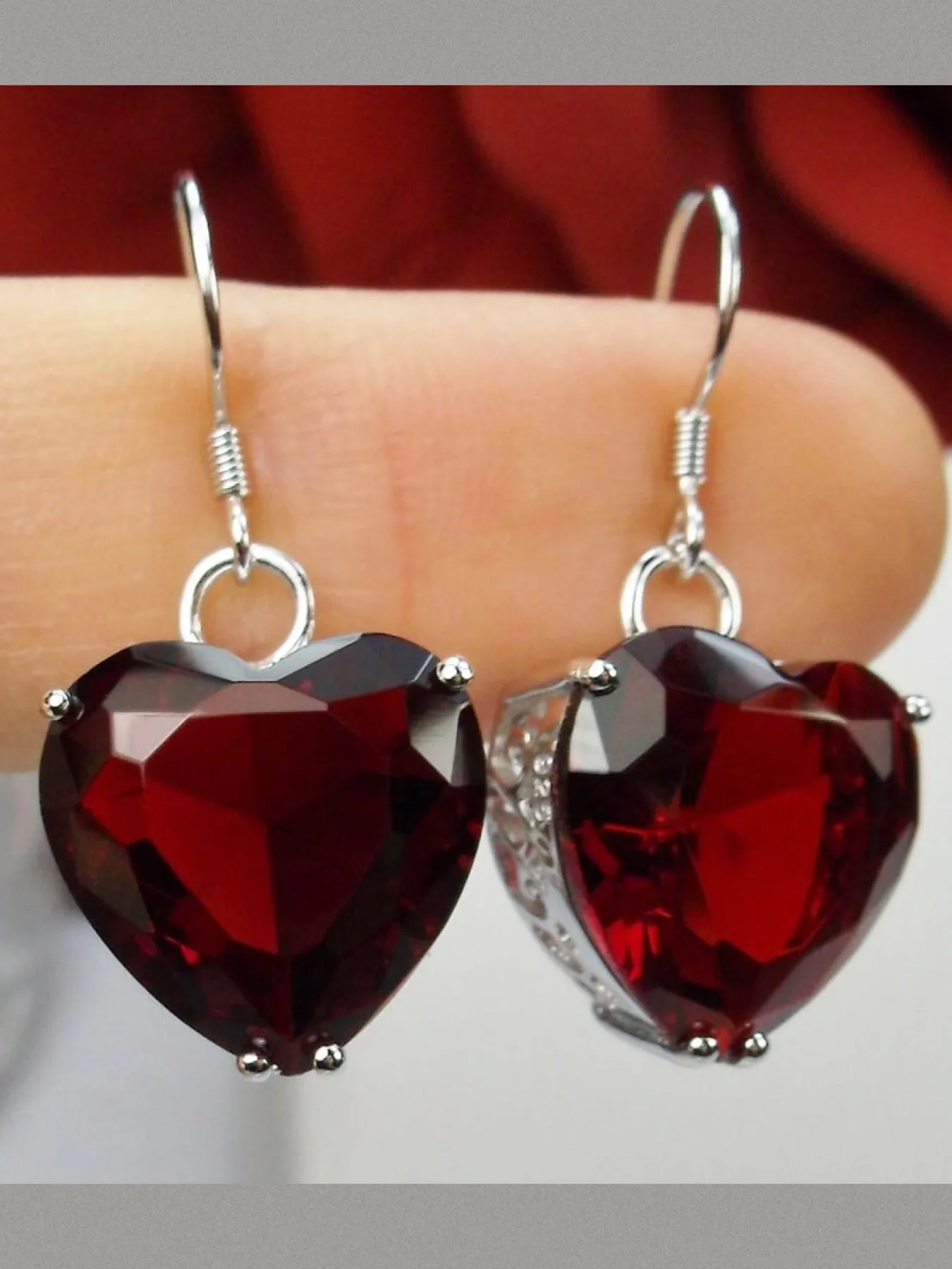 Garnet Earrings, Heart Gemstone, Art Nouveau Jewelry #E38