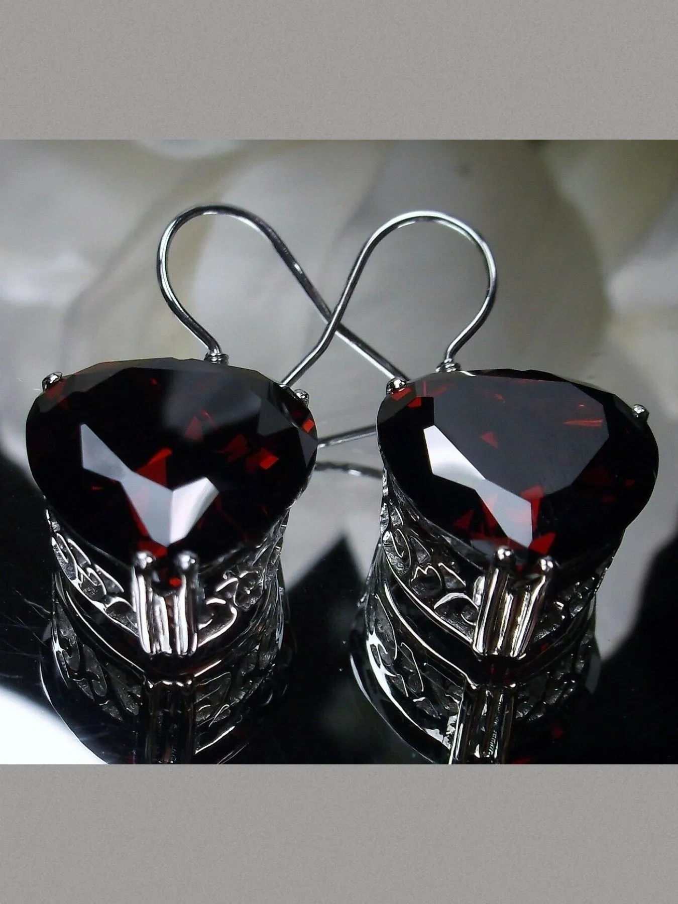 Garnet Earrings, Heart Gemstone, Art Nouveau Jewelry #E38