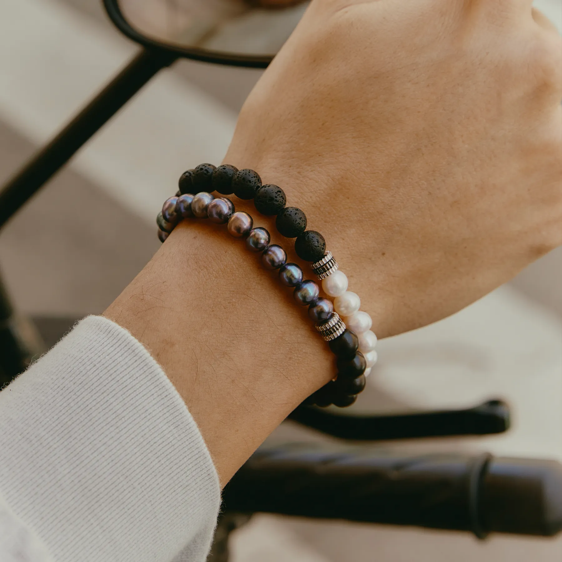 Gear Trio Bracelet In Black Ruthenium Plated Silver With Wood Beads & Black Pearls