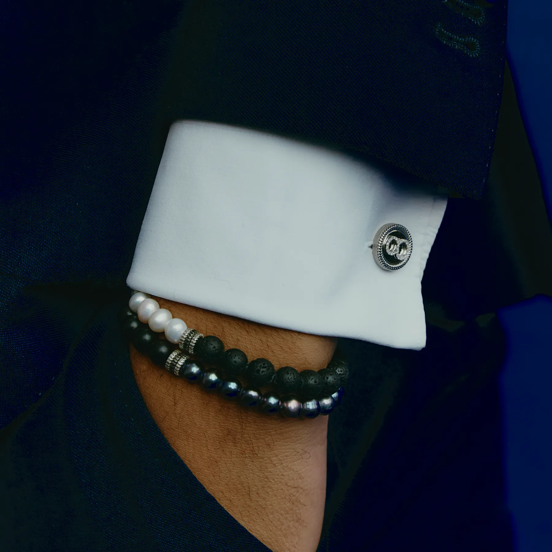 Gear Trio Bracelet In Black Ruthenium Plated Silver With Wood Beads & Black Pearls