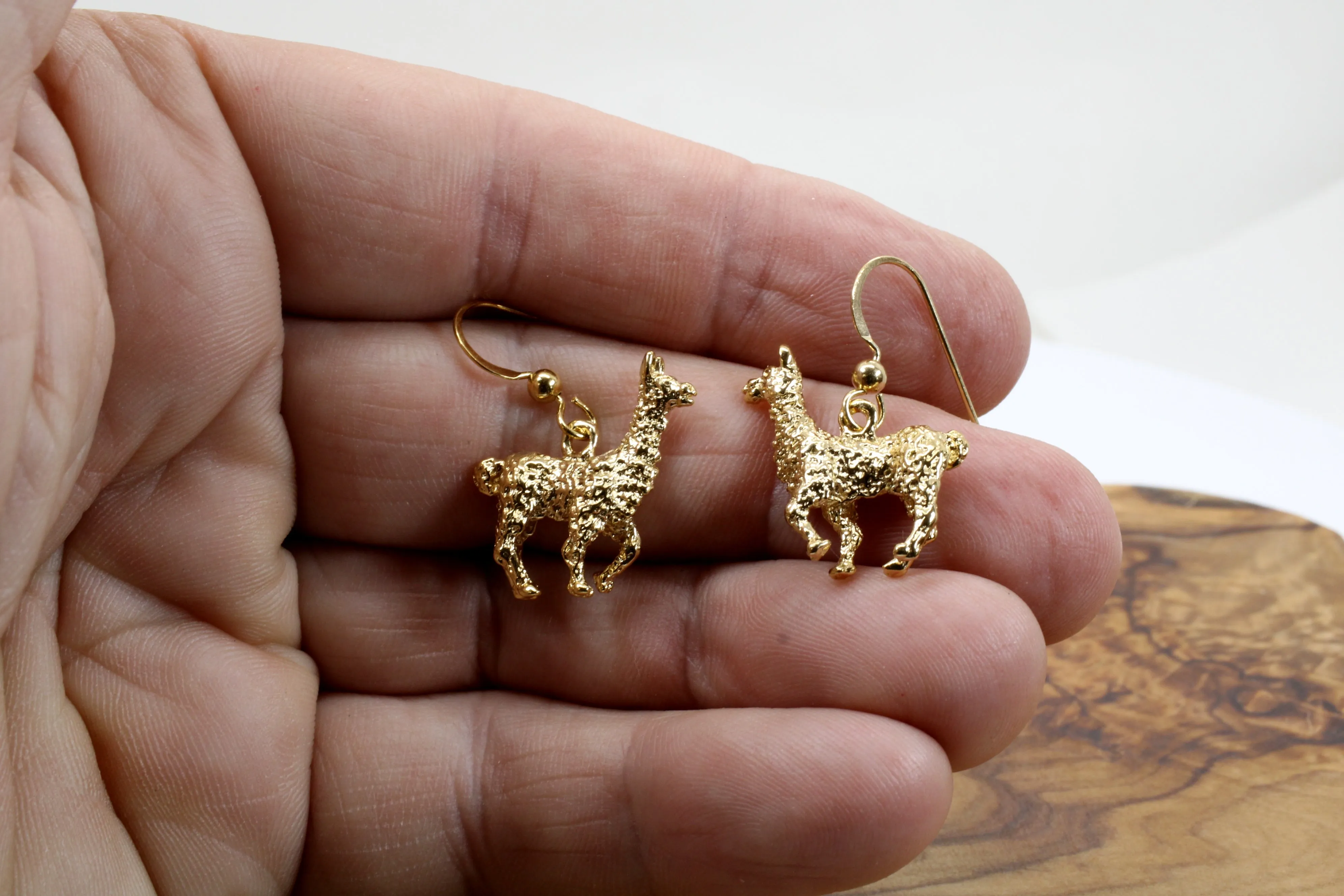 Gold Alpaca Earrings for her with large 3-D 14kt Gold Vermeil Alpacas