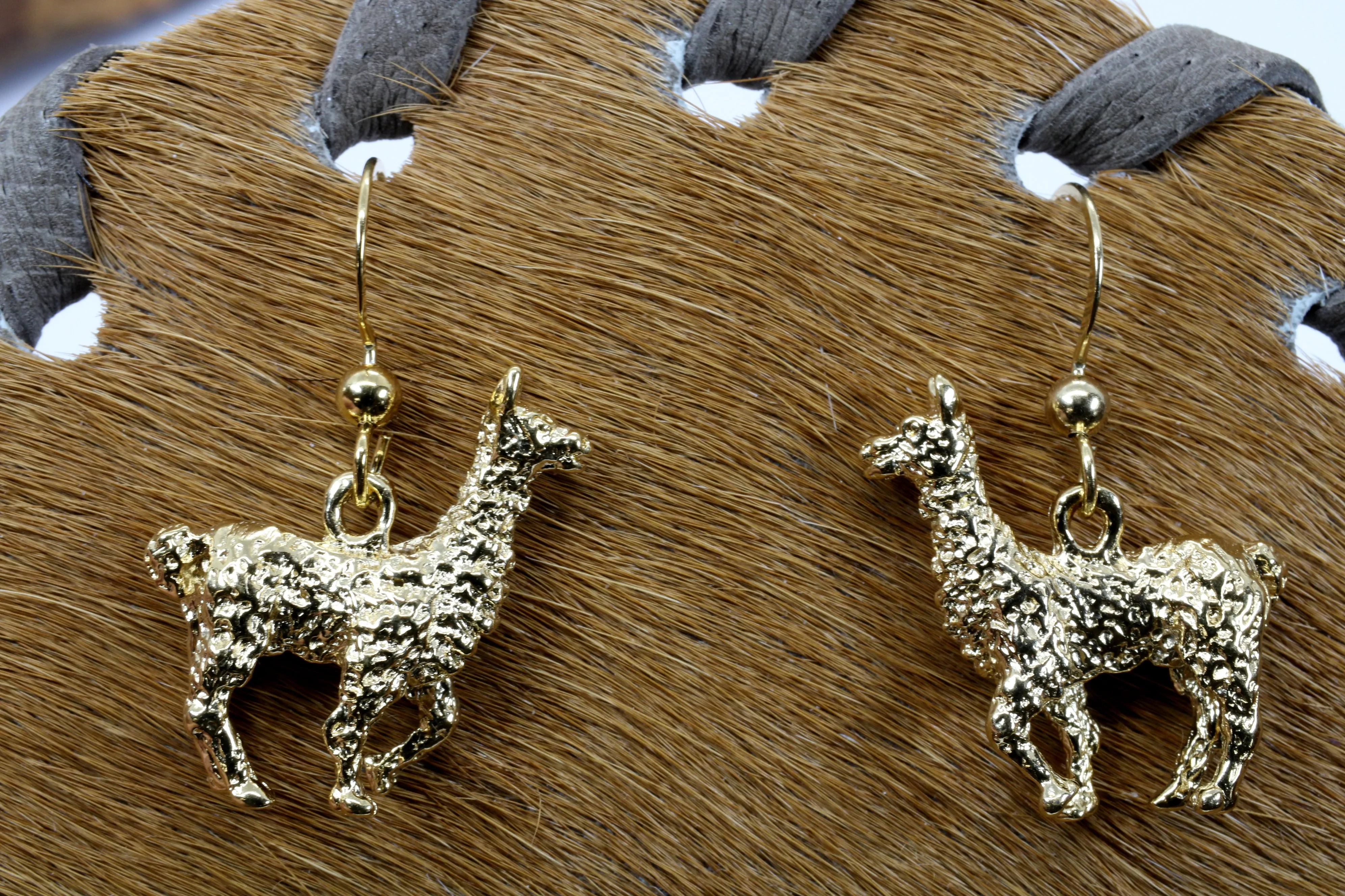 Gold Alpaca Earrings for her with large 3-D 14kt Gold Vermeil Alpacas