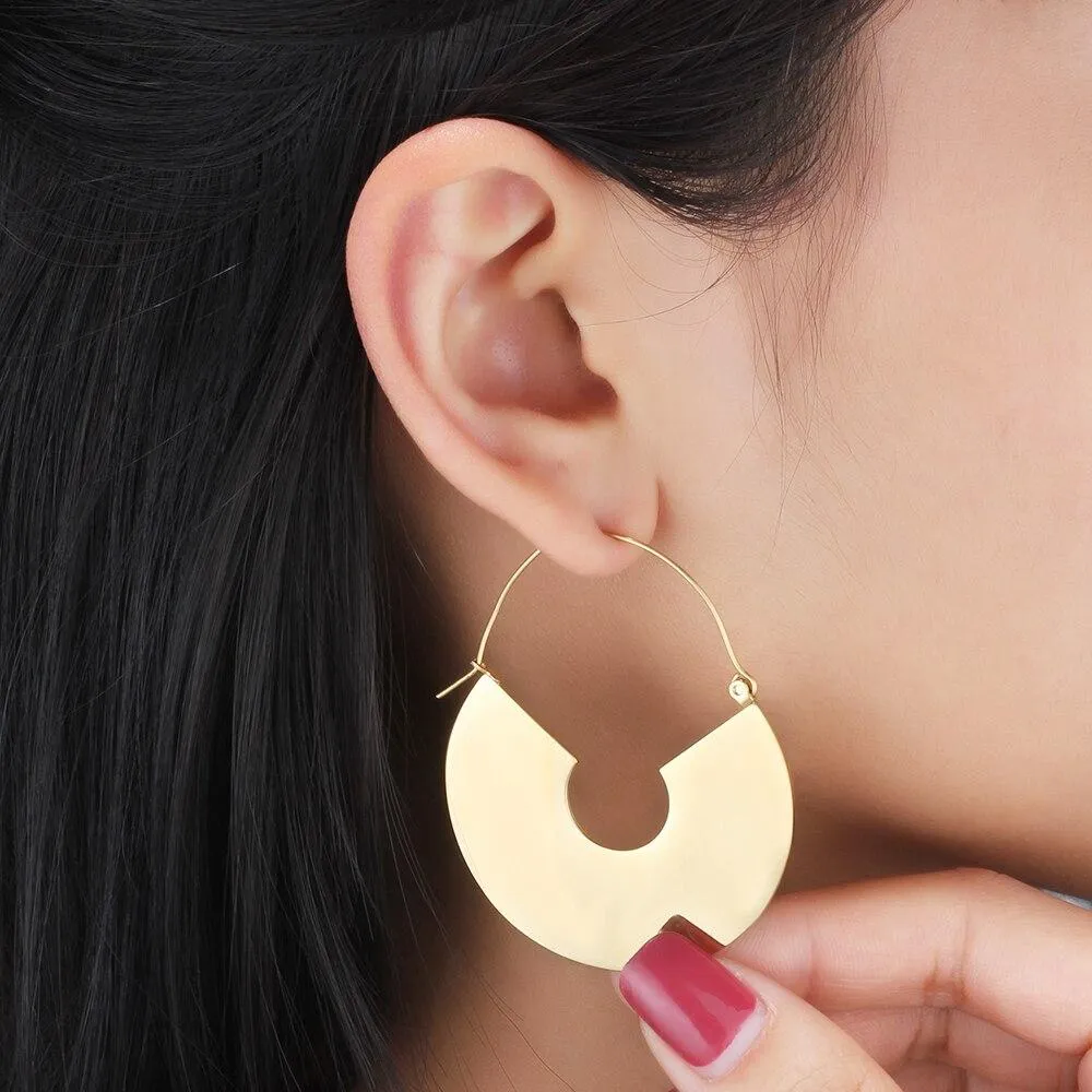 Gold-color Stainless Steel Geometric Shaped Exaggerated Hoop Earring, Party Accessorise for Women