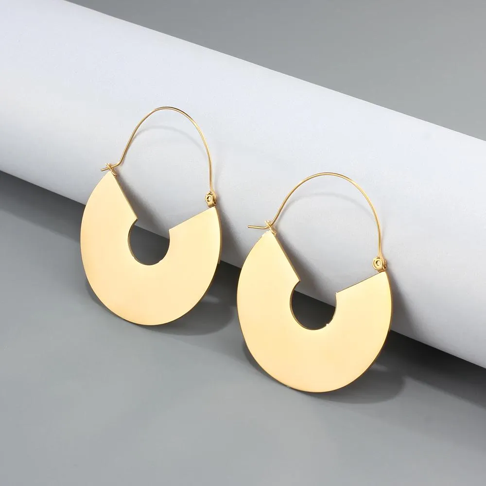 Gold-color Stainless Steel Geometric Shaped Exaggerated Hoop Earring, Party Accessorise for Women