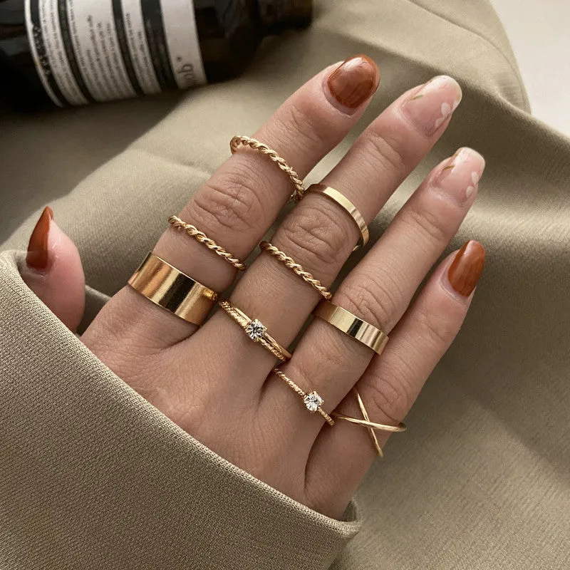 Gold Plated Nine Piece Multi Designs Ring Set