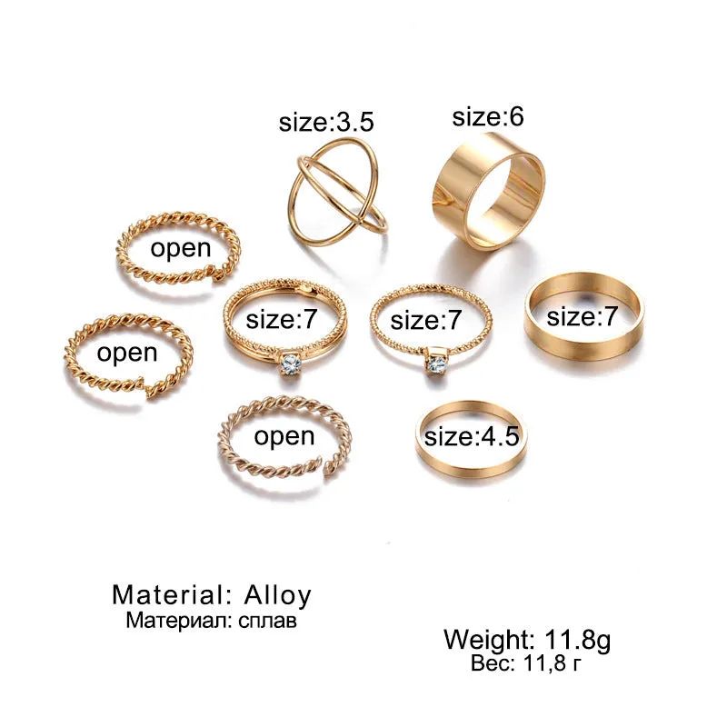 Gold Plated Nine Piece Multi Designs Ring Set