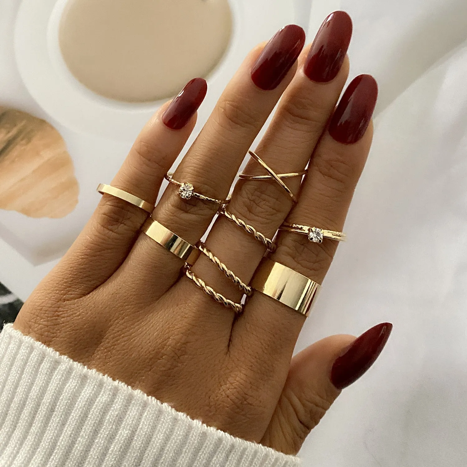 Gold Plated Nine Piece Multi Designs Ring Set