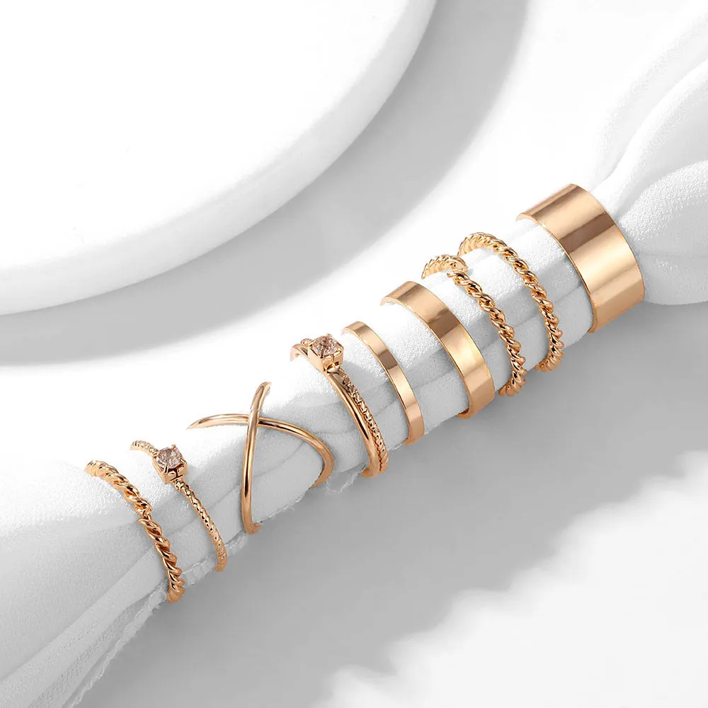 Gold Plated Nine Piece Multi Designs Ring Set