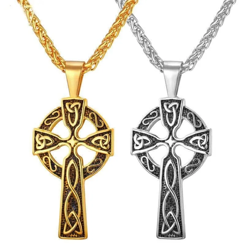 Golden Stainless Steel Triquetra Irish Cross Pendant Necklace