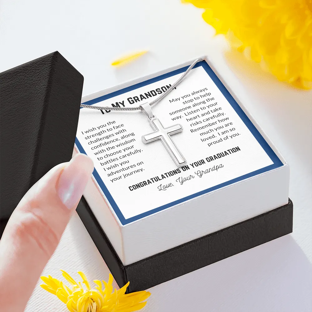 Grandson's Graduation, From Grandpa-Silver Cross Necklace