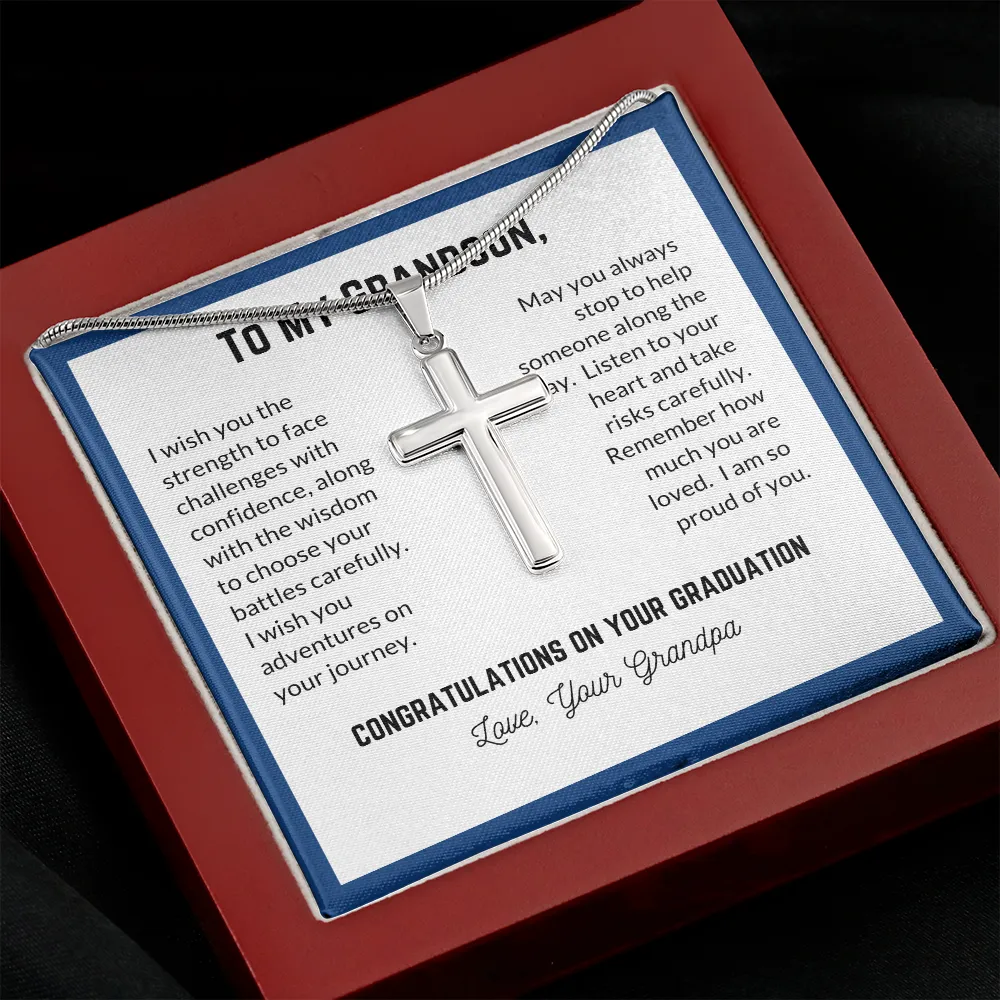 Grandson's Graduation, From Grandpa-Silver Cross Necklace