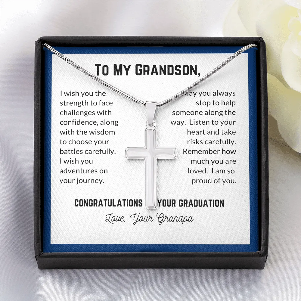 Grandson's Graduation, From Grandpa-Silver Cross Necklace