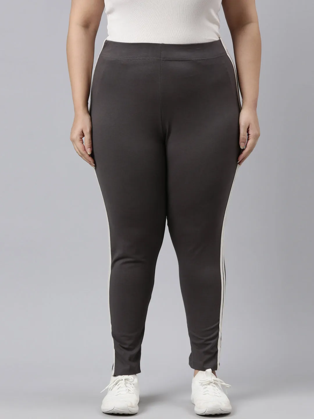 Grey Cotton Stretch Side Stripes Active Leggings