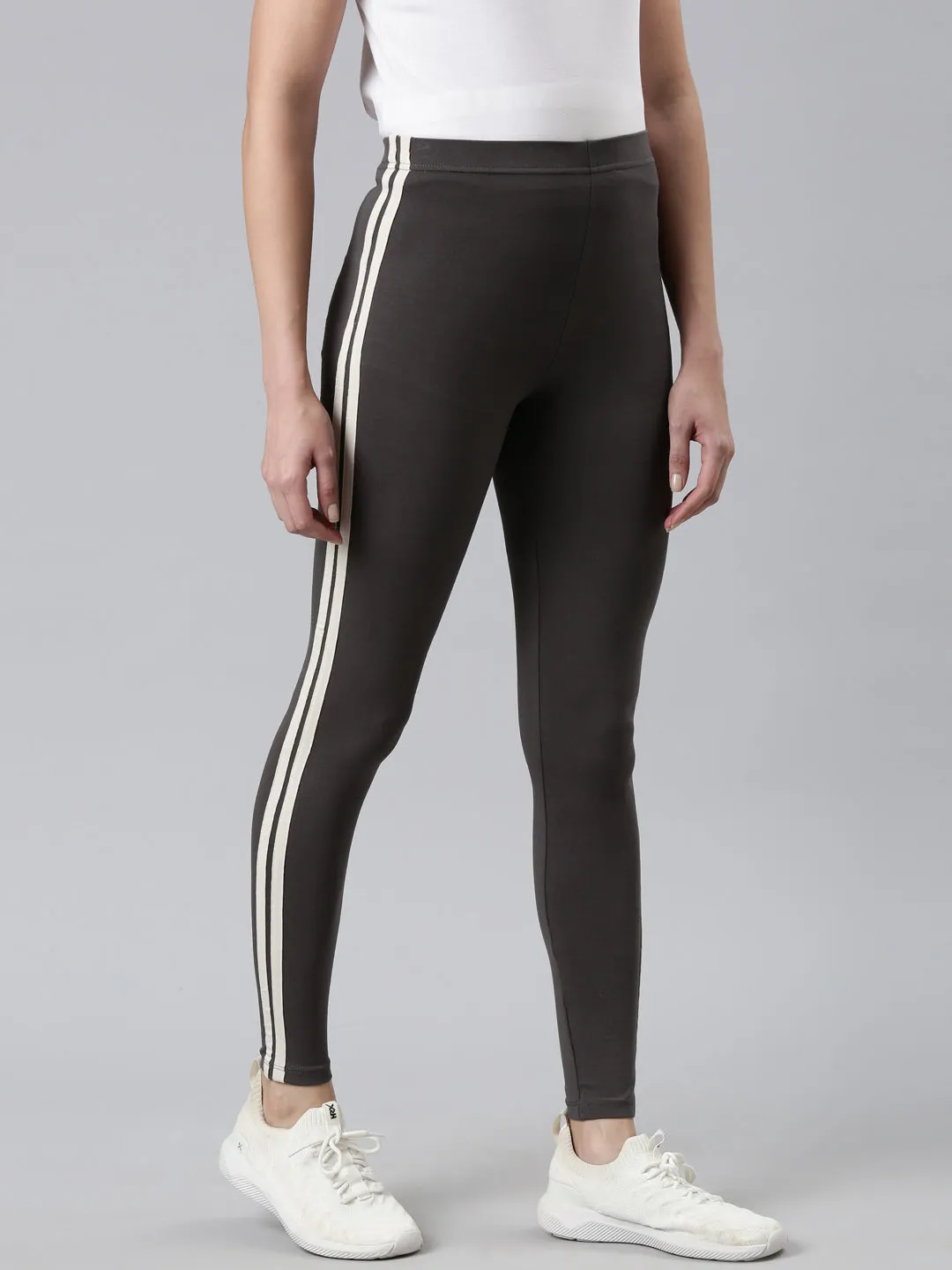 Grey Cotton Stretch Side Stripes Active Leggings