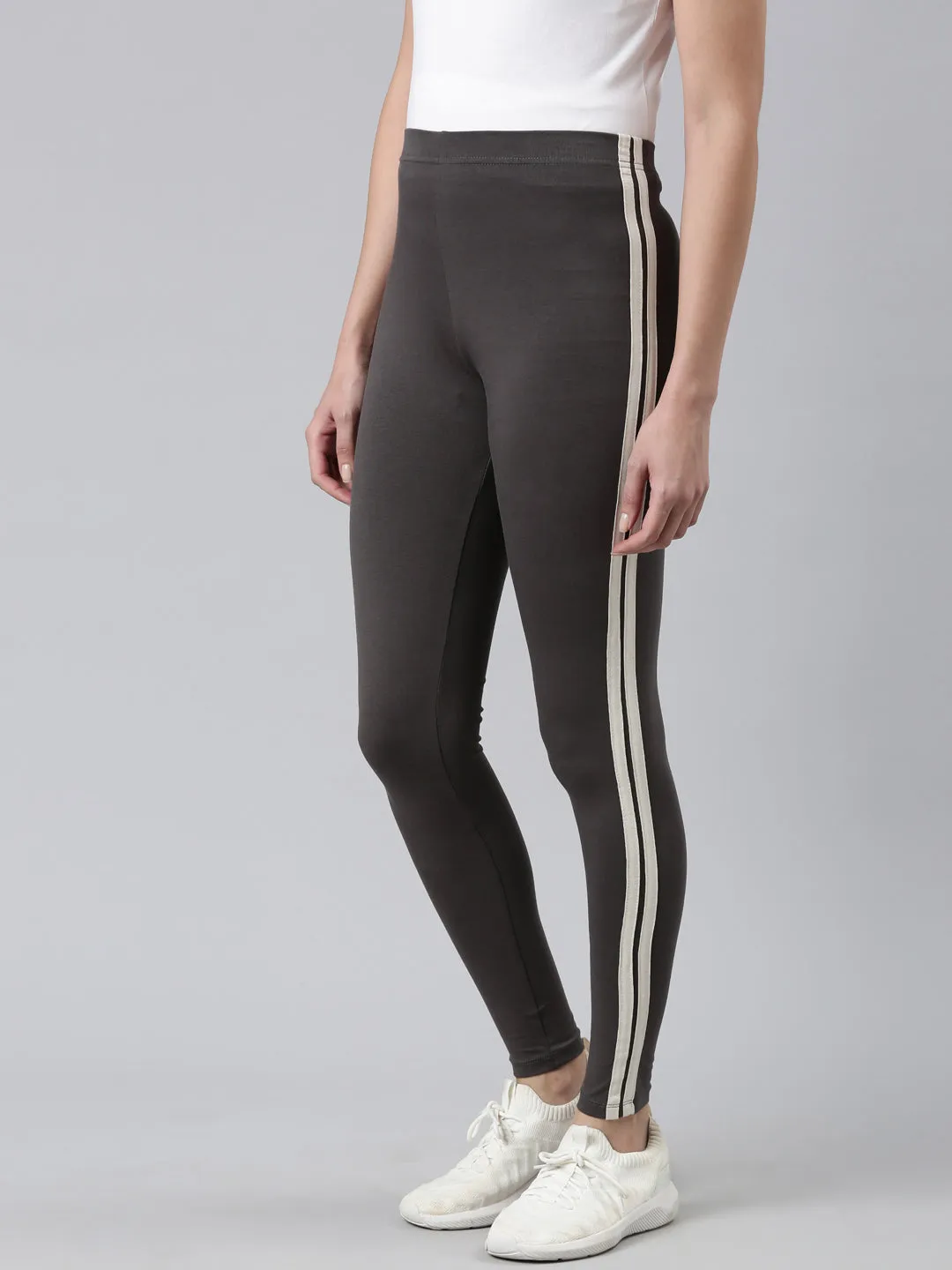 Grey Cotton Stretch Side Stripes Active Leggings