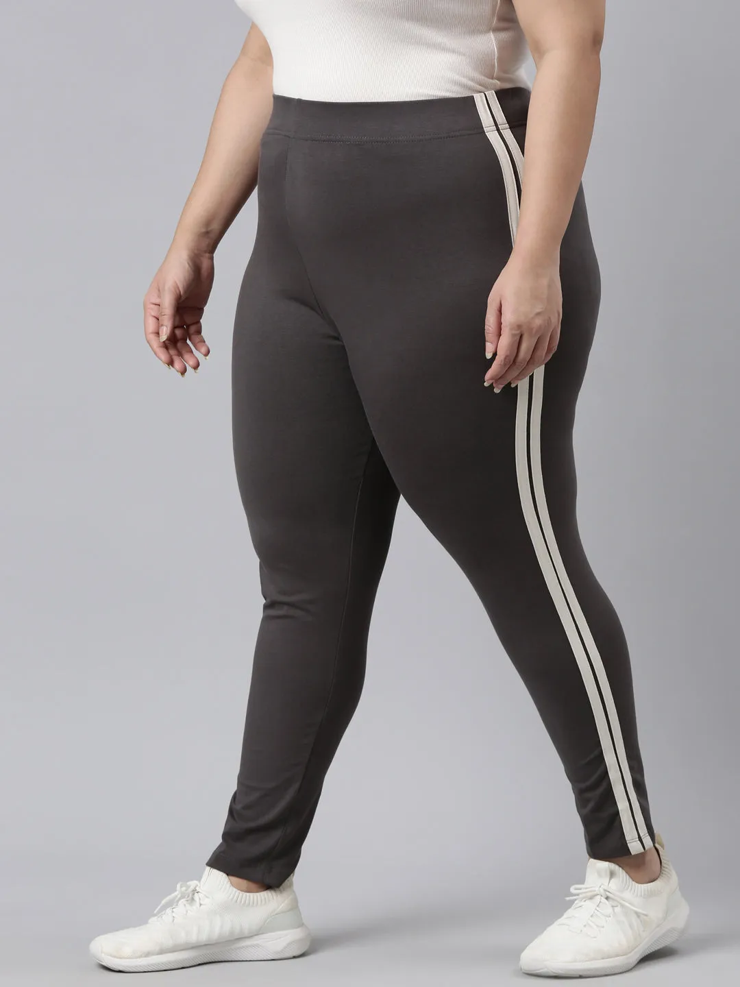 Grey Cotton Stretch Side Stripes Active Leggings
