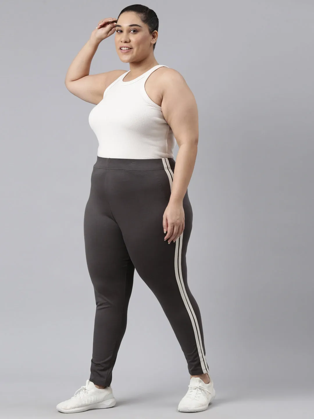 Grey Cotton Stretch Side Stripes Active Leggings