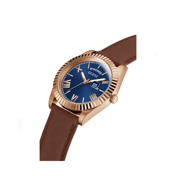 Guess Eco-Friendly Brown Leather Strap Blue Dial Quartz Watch for Gents - GW0353G2