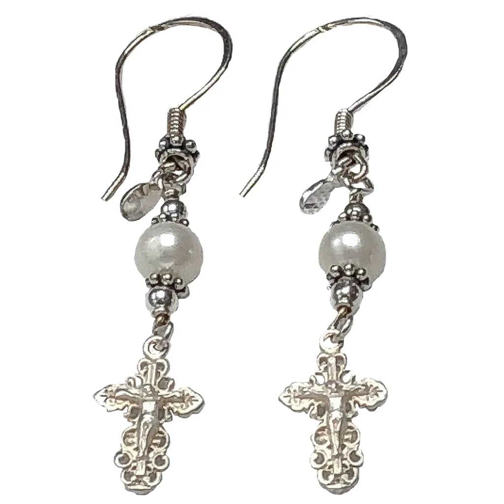 Handmade Sterling Silver Crucifix Earrings Freshwater-Cultured Pearl - New Model #2