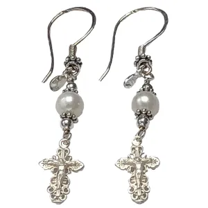 Handmade Sterling Silver Crucifix Earrings Freshwater-Cultured Pearl - New Model #2