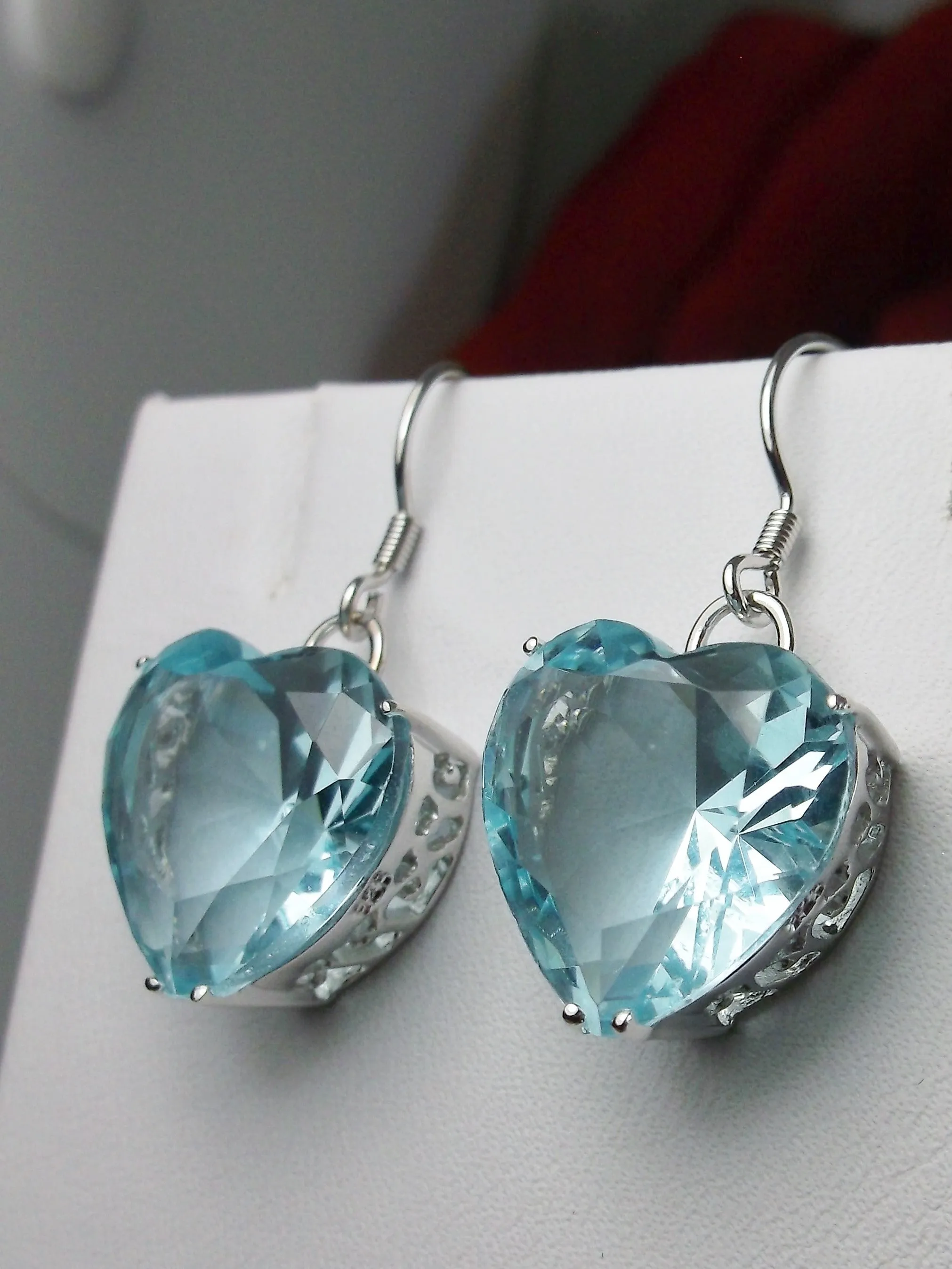 Heart Earrings, Aquamarine Blue Gem, Art Nouveau Jewelry #E38