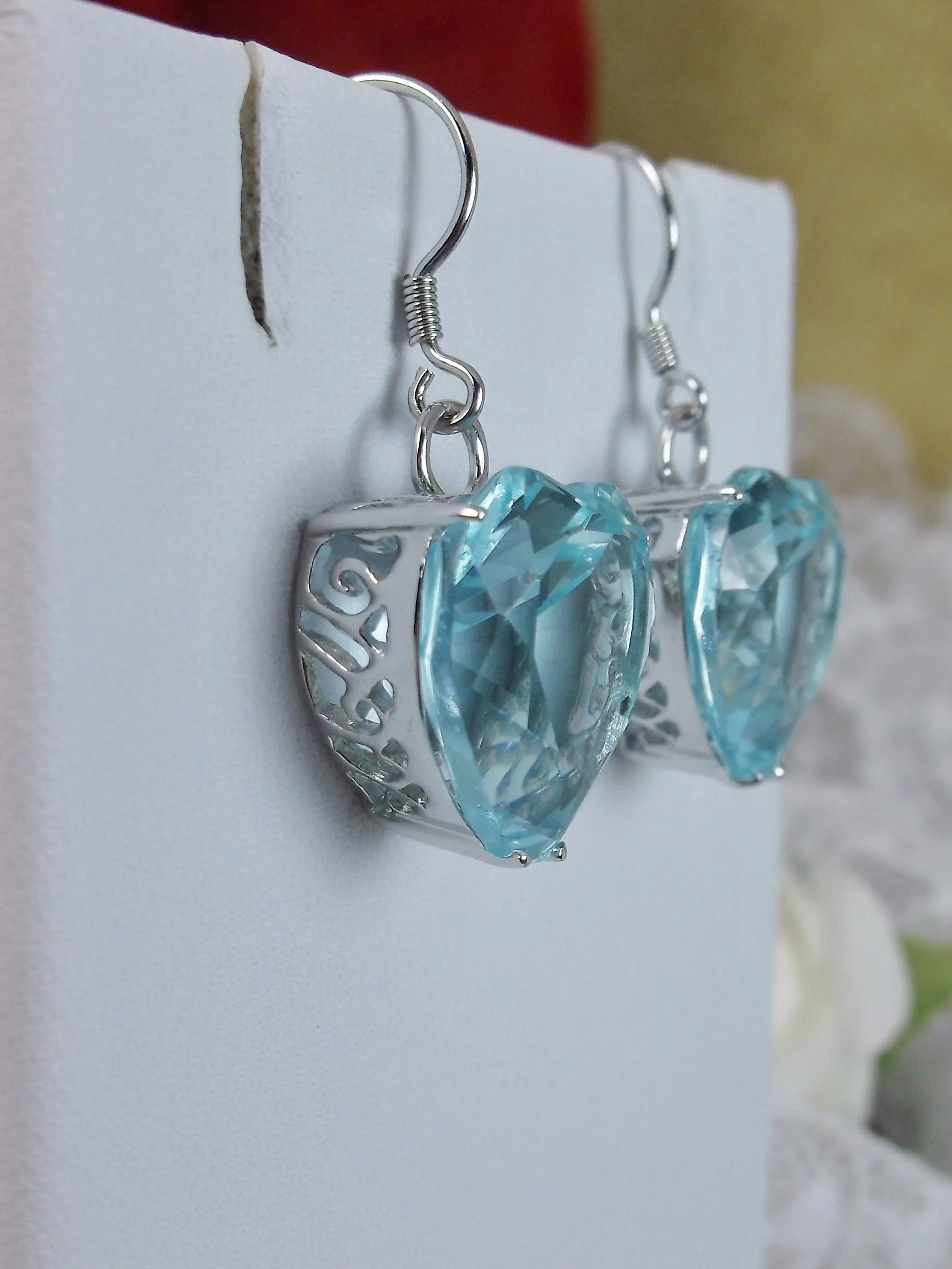 Heart Earrings, Aquamarine Blue Gem, Art Nouveau Jewelry #E38