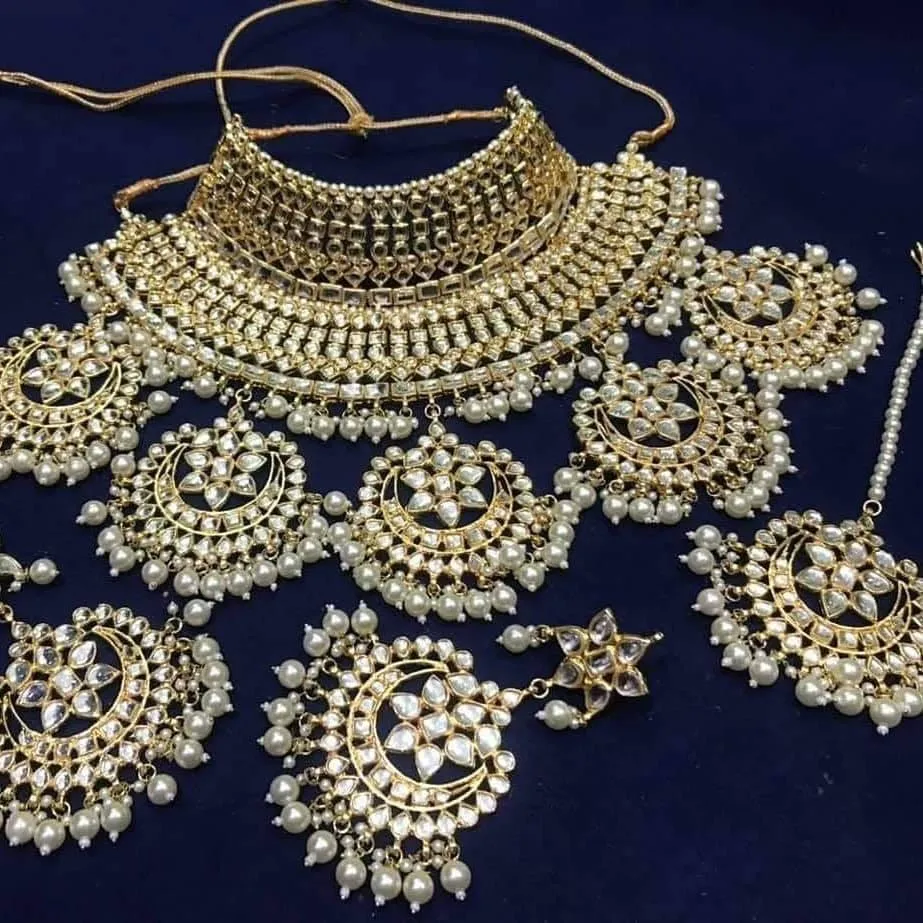 Heavy Crystal Jewellery Set with White Moti #J4201