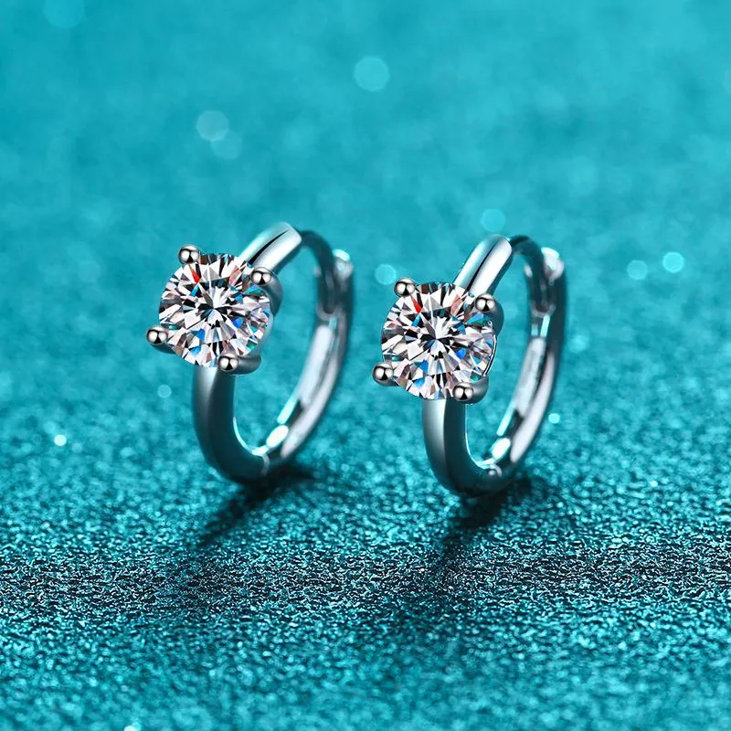 Huggie with Solitaire Moissanite, Solid Silver Earrings-EM009