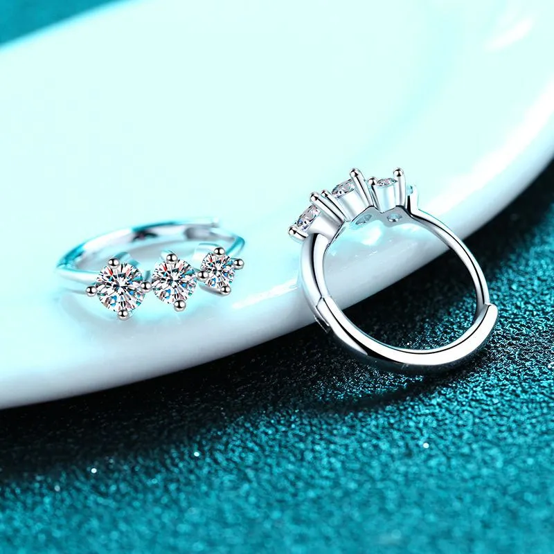 Huggies w/ three Moissanite, Solid Silver Huggie Earrings-EM010